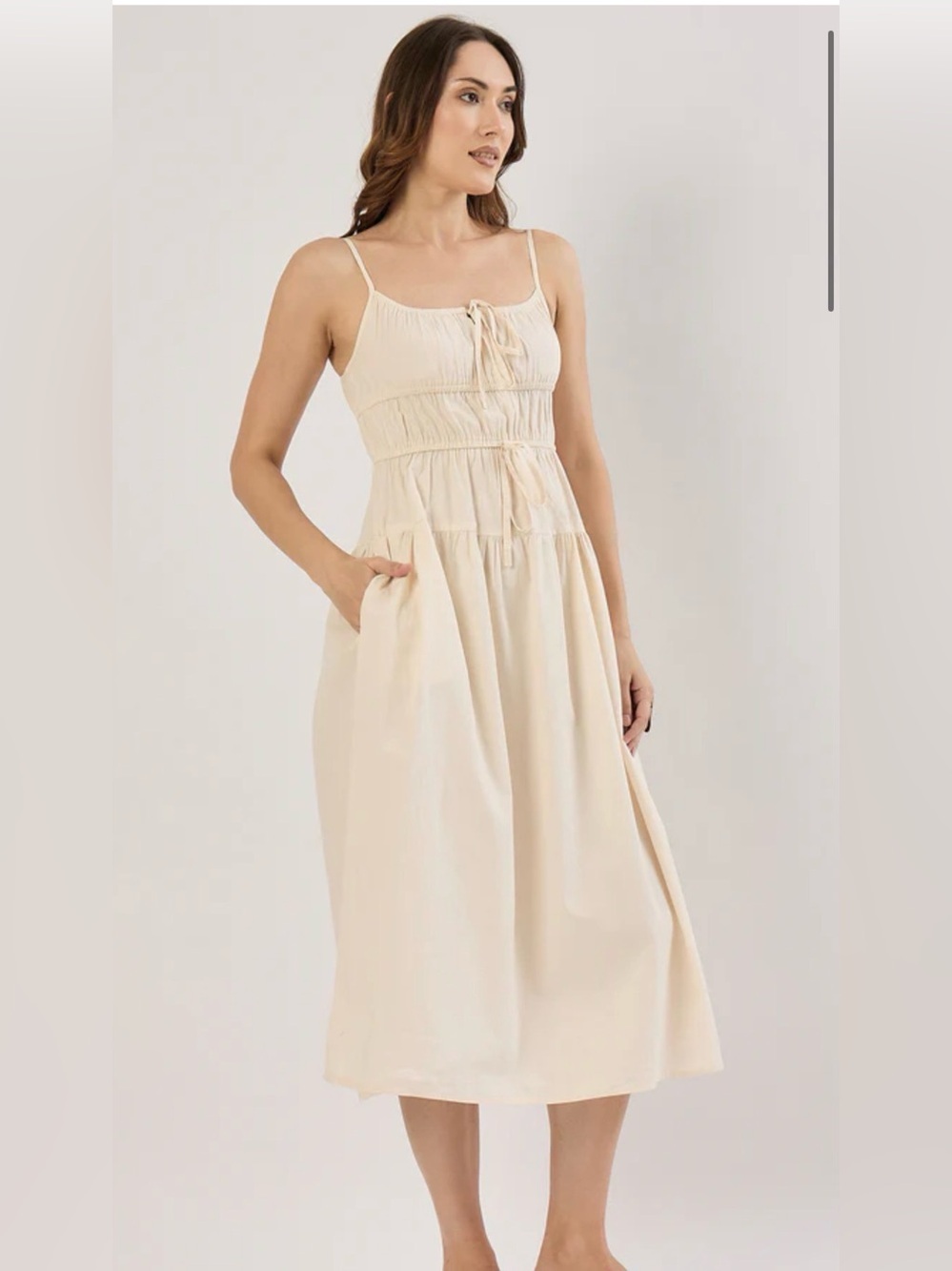 NWOT SIM & SAM ECRU TIE FRONT MILKMAID POPLIN MIDI CREAM COLOR SIDE POCKETS SZ S